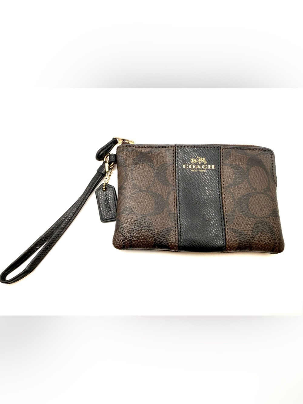 Coach Brown Signature Wristlet Coin Purse with Black Center Panel